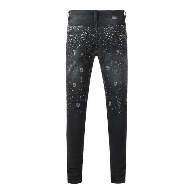 1:1 PURPLE BRΑND Black Washed All-Over Rhinestone Slim-Fit Jeans