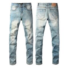 1:1 PURPLE BRΑND Light Wash Denim Pants with Cross & Logo Embroidery