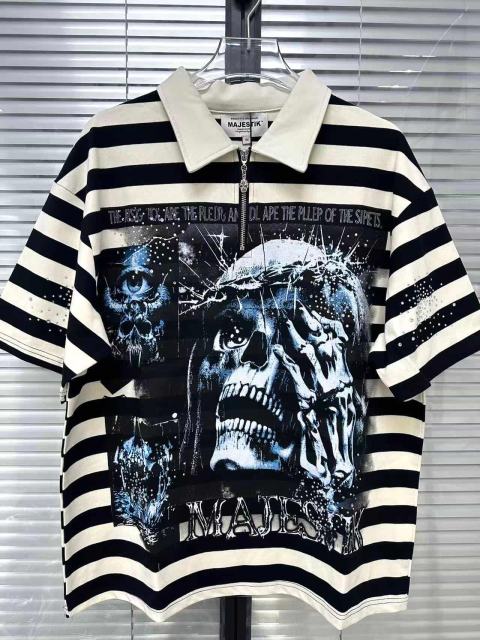 Skull Striped Rhinestone Print Zipper Polo Tee 29065103