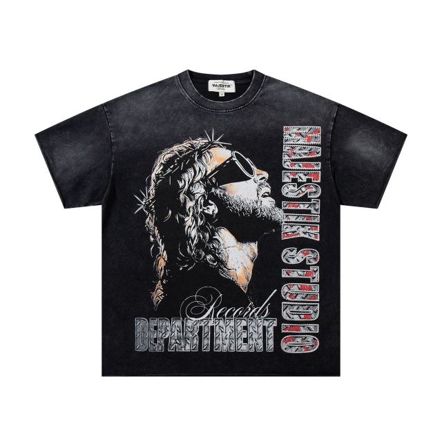 Sunglasses Hip Hop Jesus Rhinestone Print Washed Tee 29060733
