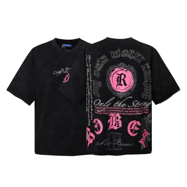 Dark High-Street Rebellious Rhinestone Print Washed Tee 11 colors 29077647