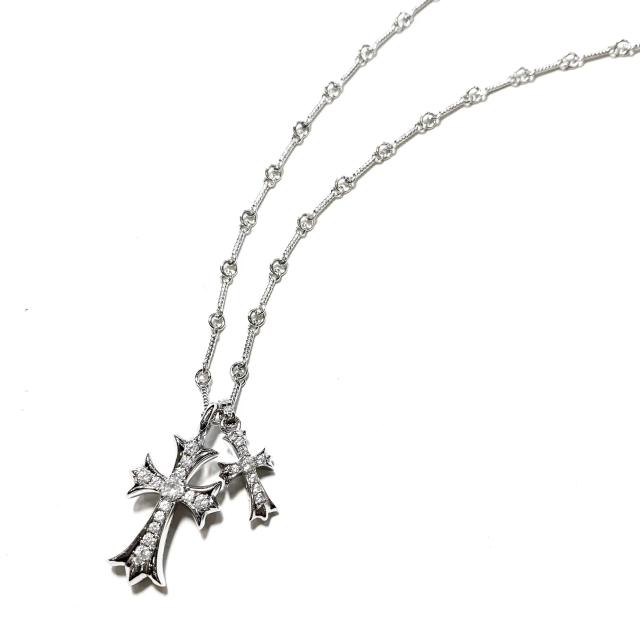 CH White Gold Plated Full Diamond Dual Size Double Cross Twist Chain Necklace