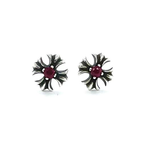 CH Solid 925 Silver Flower Stud Earrings With Central Red Ruby Gemstone Pair
