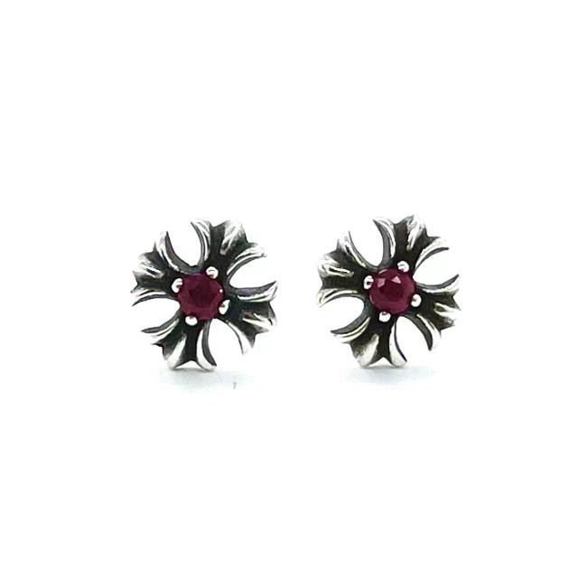 CH Solid 925 Silver Flower Stud Earrings With Central Red Ruby Gemstone Pair