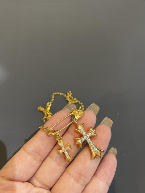 CH Plated Floral Safety Pin Dual Full Diamond Cross Multi Charms Necklace