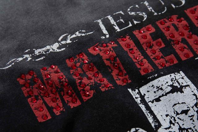 Religious Text Collage Slogan Rhinestone Print Washed Tee 29060739