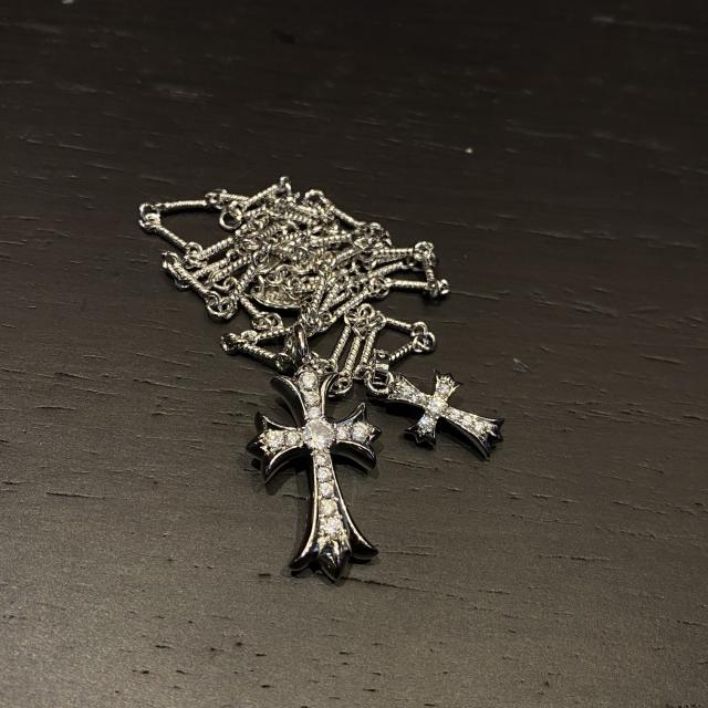 CH White Gold Plated Full Diamond Dual Size Double Cross Twist Chain Necklace
