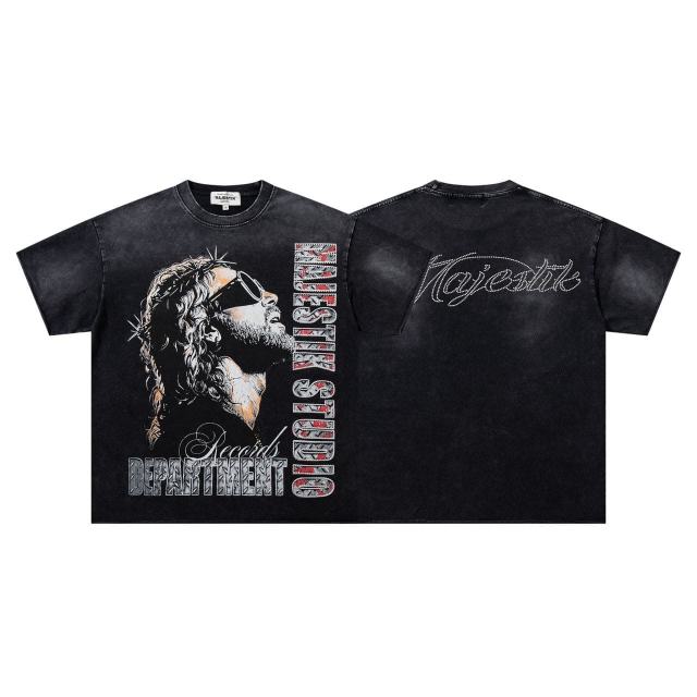 Sunglasses Hip Hop Jesus Rhinestone Print Washed Tee 29060733