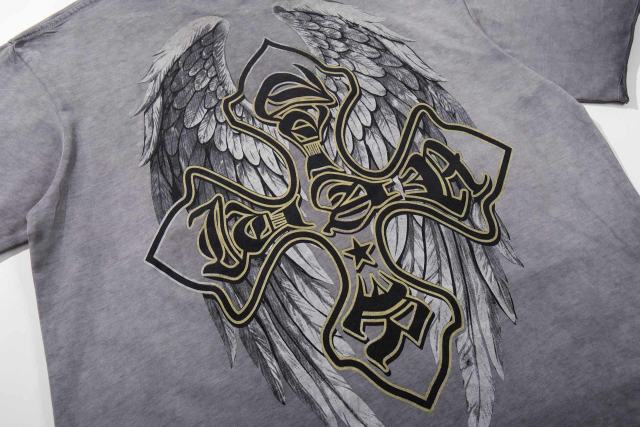 Collage Eagle Dark Cross Rhinestone Print Washed Tee 29060735