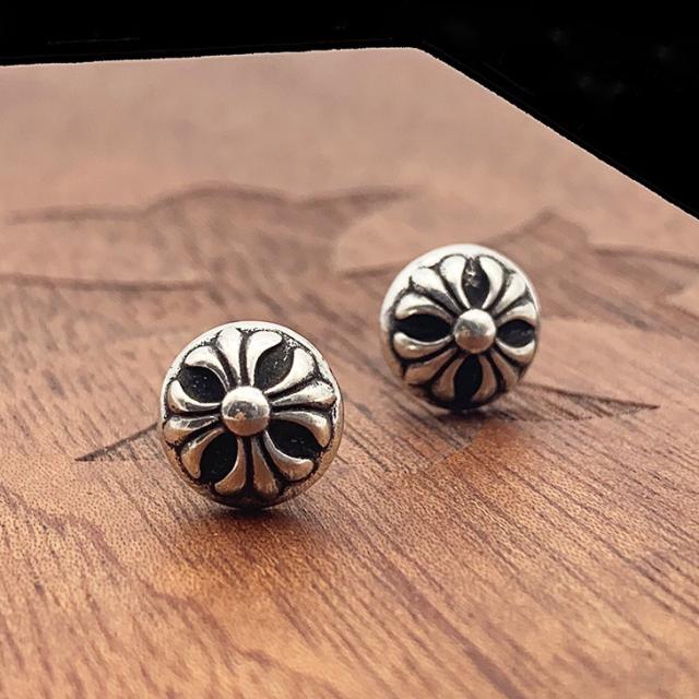CH Solid 925 Silver Round Ball Cross Flower Stud Earrings Pair