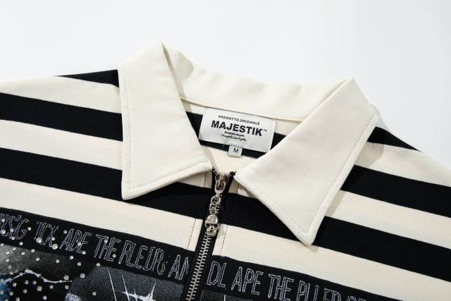 Skull Striped Rhinestone Print Zipper Polo Tee 29065103