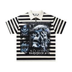 Skull Striped Rhinestone Print Zipper Polo Tee 29065103