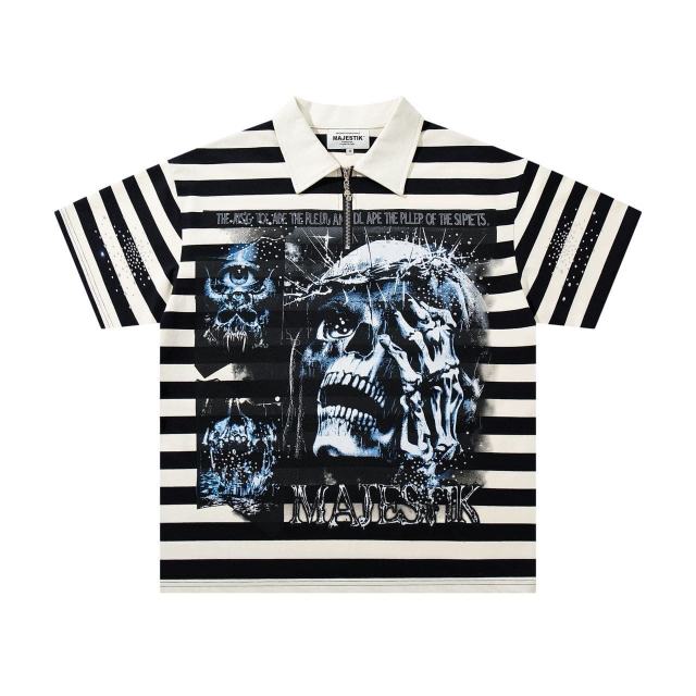 Skull Striped Rhinestone Print Zipper Polo Tee 29065103