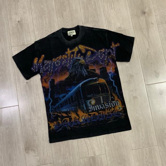 Lightning Eagle Train Rhinestone Print Washed Tee 29064548