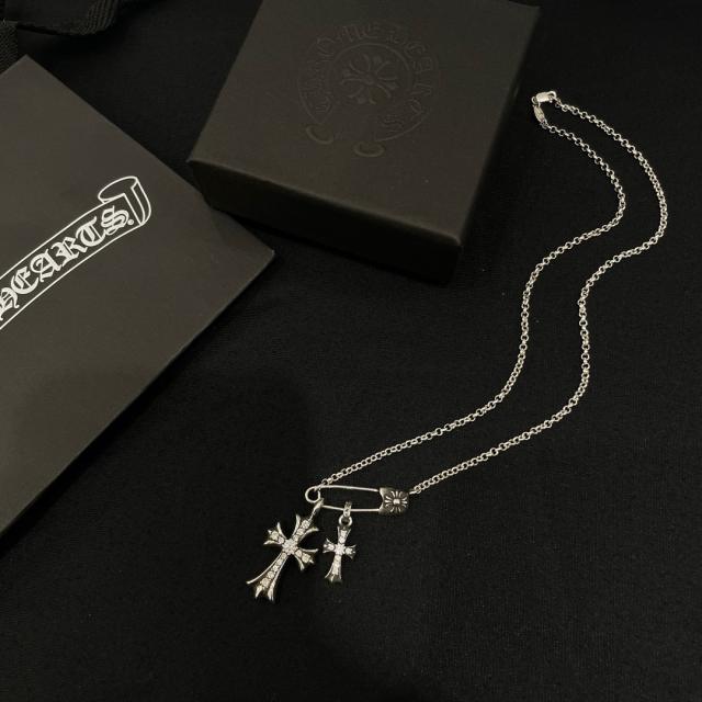 CH Pin Dog Tag Double Cross Multi Charms Necklace