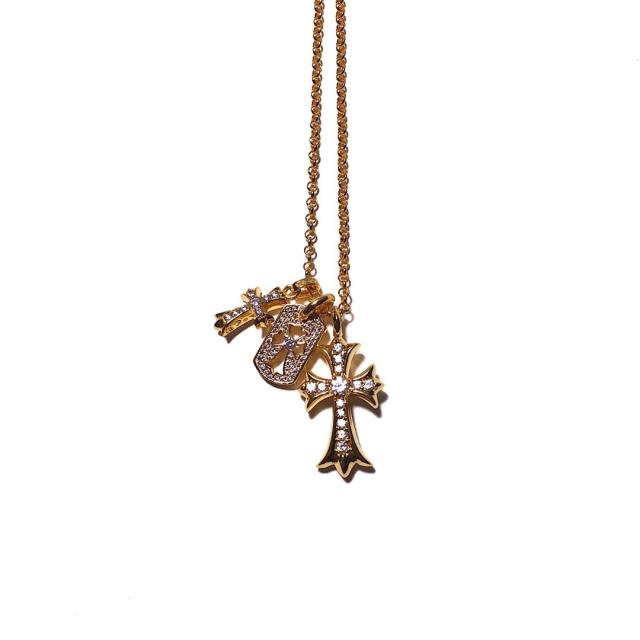 CH 22K Gold Plated Full Clear Diamond Triple Cross & Dog Tag Necklace
