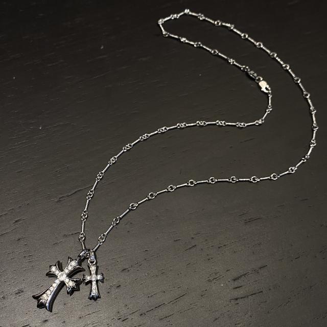 CH White Gold Plated Full Diamond Dual Size Double Cross Twist Chain Necklace