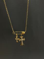 CH Plated Floral Safety Pin Dual Full Diamond Cross Multi Charms Necklace