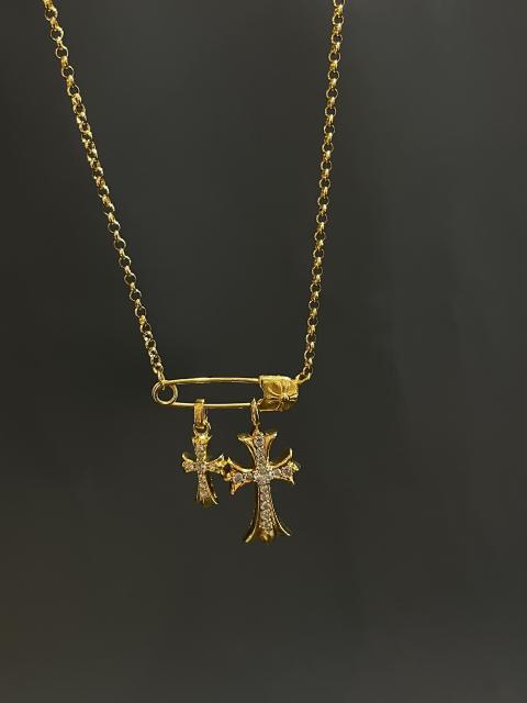CH Plated Floral Safety Pin Dual Full Diamond Cross Multi Charms Necklace