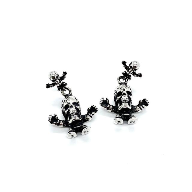 CH Solid 925 Silver Foti Skull Doll Crossbones Dangle Earrings Pair