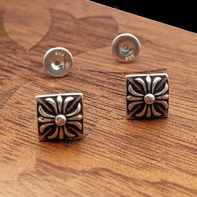 CH Solid 925 Silver Square Cross Flower Stud Earrings Pair