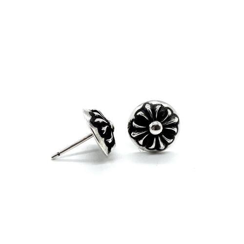 CH Solid 925 Silver Round Dome Cross Flower Solid Silver Stud Earrings Pair
