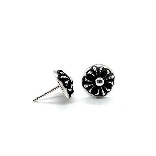 CH Solid 925 Silver Round Dome Cross Flower Solid Silver Stud Earrings Pair
