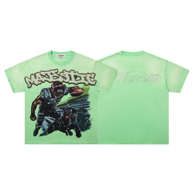 Football Player And Black Dog Rhinestone Print Washed Tee 29060786