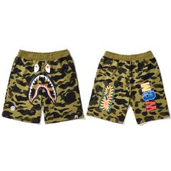BAPE Classic Green Camo Shark Sweat Shorts With Tiger & Colorful WGM Logo