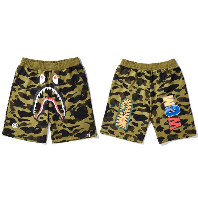 BAPE Classic Green Camo Shark Sweat Shorts With Tiger & Colorful WGM Logo