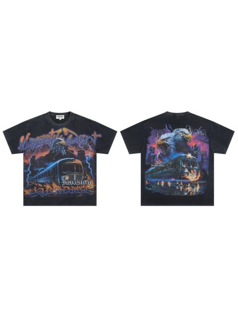 Lightning Eagle Train Rhinestone Print Washed Tee 29064548