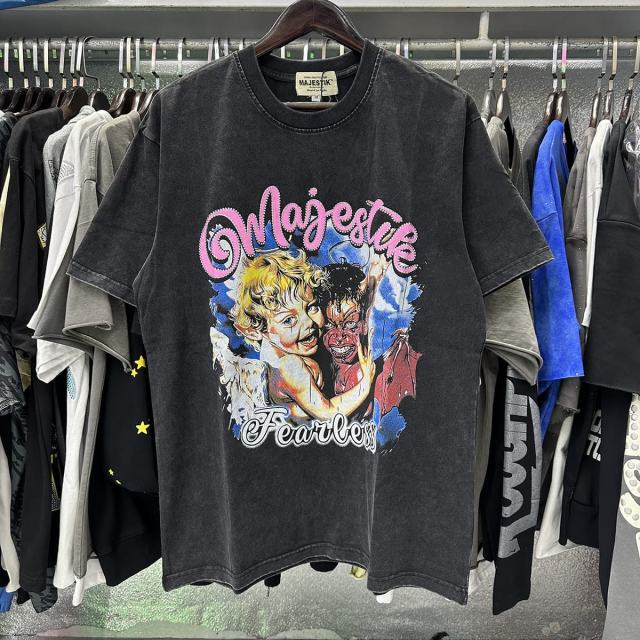 Angel Devil Friends Hotfix Rhinestone Print Washed Tee 28874488