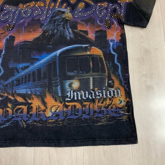 Lightning Eagle Train Rhinestone Print Washed Tee 29064548