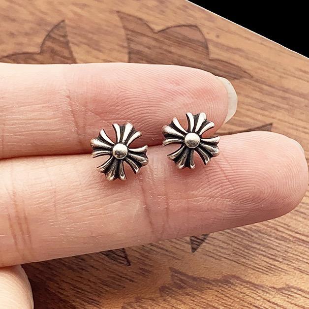 CH Solid 925 Silver Cross Flower Stud Earrings Pair