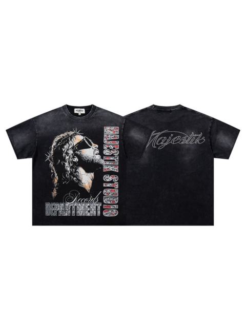 Sunglasses Hip Hop Jesus Rhinestone Print Washed Tee 29060733