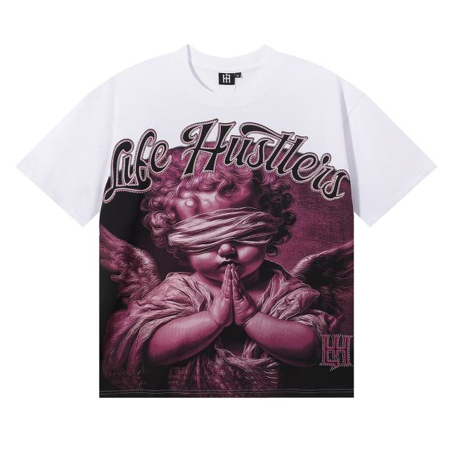 Pink Blindfolded Praying Angel Rhinestone Print Tee 3 colors 29082342