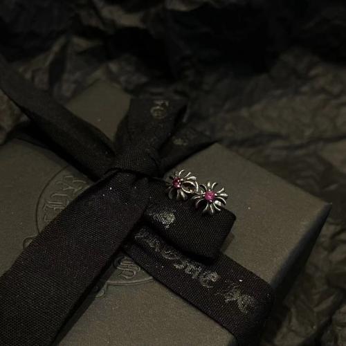 CH Solid 925 Silver Flower Stud Earrings With Central Red Ruby Gemstone Pair