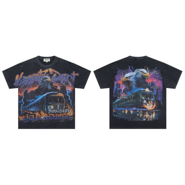 Lightning Eagle Train Rhinestone Print Washed Tee 29064548