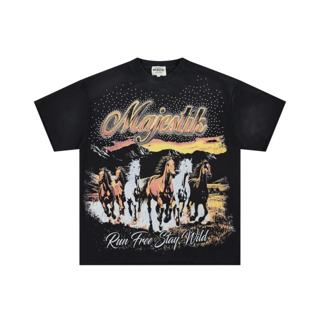 Free Western Mustang Rhinestone Print Washed Tee 29064542