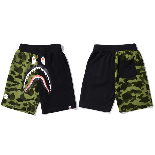 BAPE Split Half Green Camo Black Shark Face Fleece Sweat Shorts