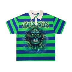 Neon Sugar Skull Striped Rhinestone Print Washed Polo Tee 29065107