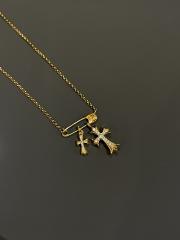 CH Plated Floral Safety Pin Dual Full Diamond Cross Multi Charms Necklace