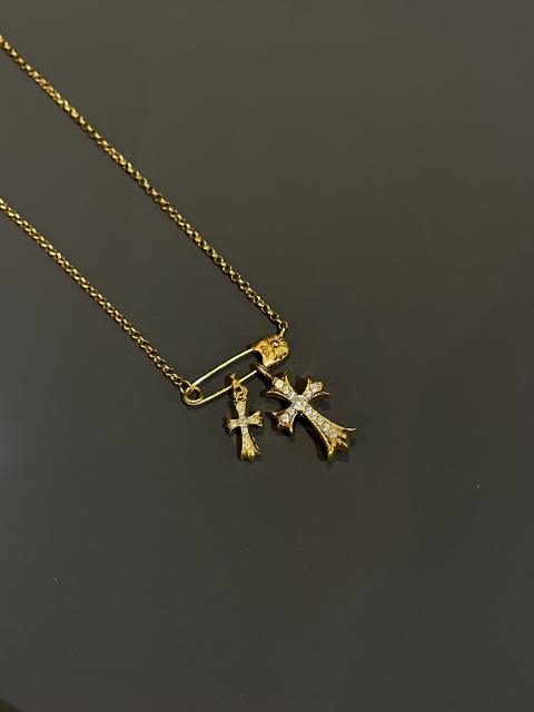 CH Plated Floral Safety Pin Dual Full Diamond Cross Multi Charms Necklace