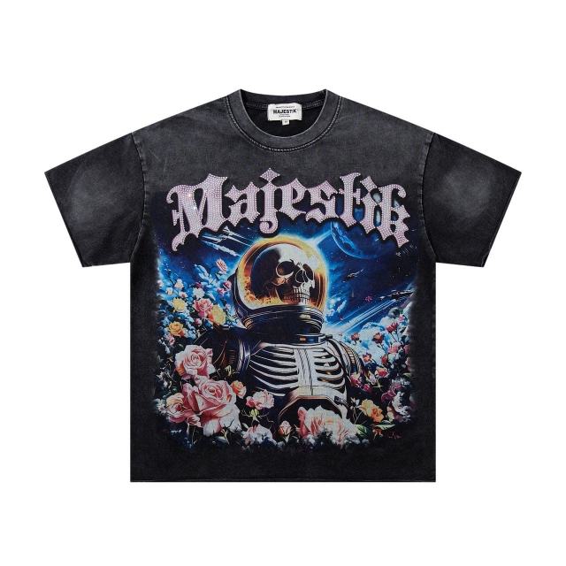 Flower Space Skull Rhinestone Print Washed Tee 29060787