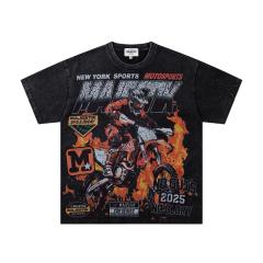 Flame Off-road Motorcycle Rhinestone Print Washed Tee 29065105