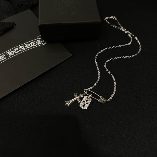 CH Pin Dog Tag Double Cross Multi Charms Necklace