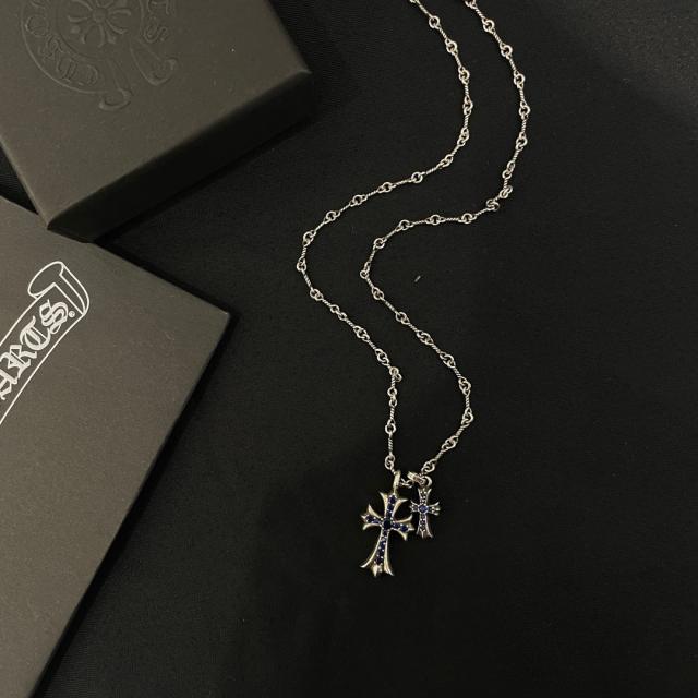 CH Pin Dog Tag Double Cross Multi Charms Necklace