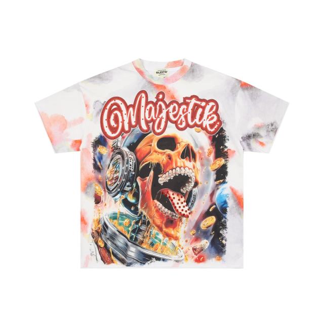 Tie-dye Space Skull Rhinestone Print Washed Tee 29064550