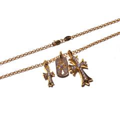 CH 22K Gold Plated Full Clear Diamond Triple Cross & Dog Tag Necklace