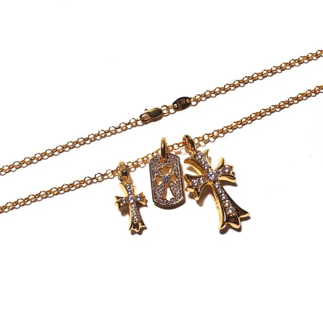 CH 22K Gold Plated Full Clear Diamond Triple Cross & Dog Tag Necklace